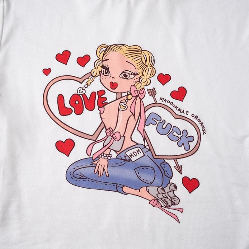 Comic pattern contrast short sleeve ruffle crewneck crop top