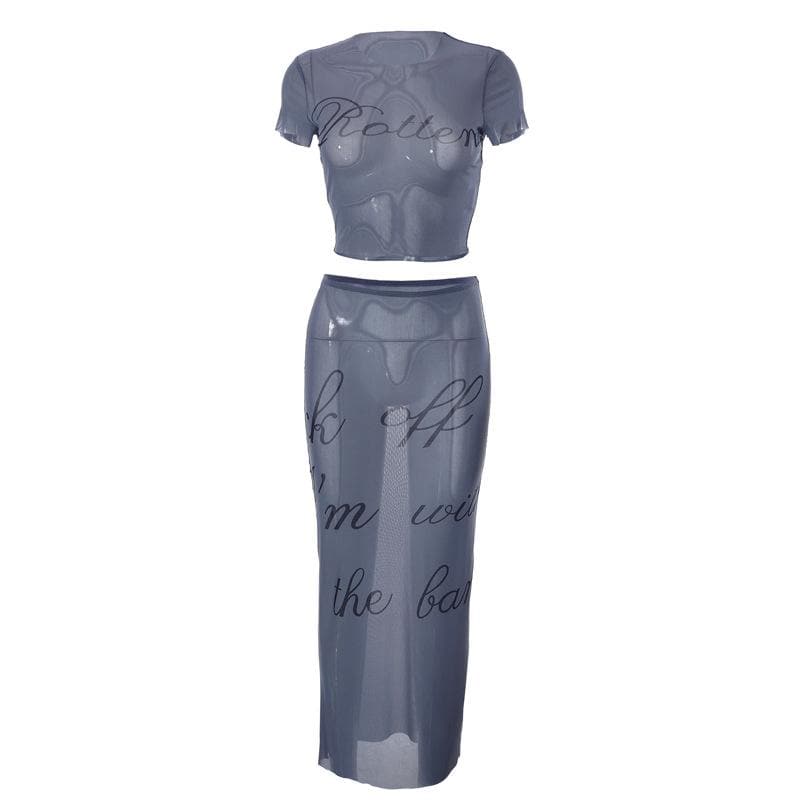 Crewneck short sleeve sheer mesh see through maxi skirt set