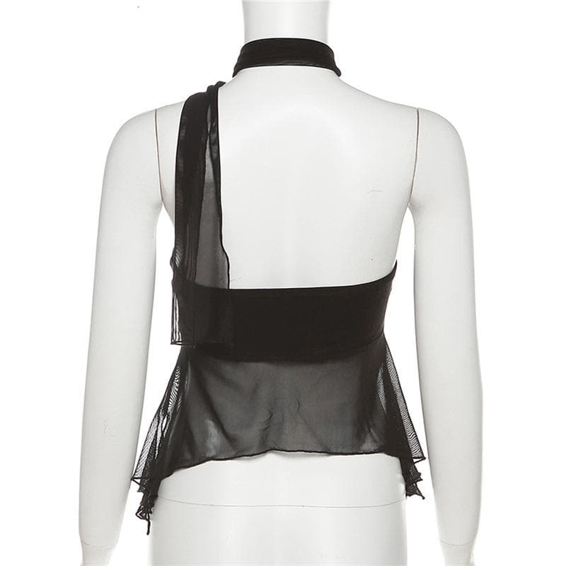 Mesh solid irregular halter slit backless crop top