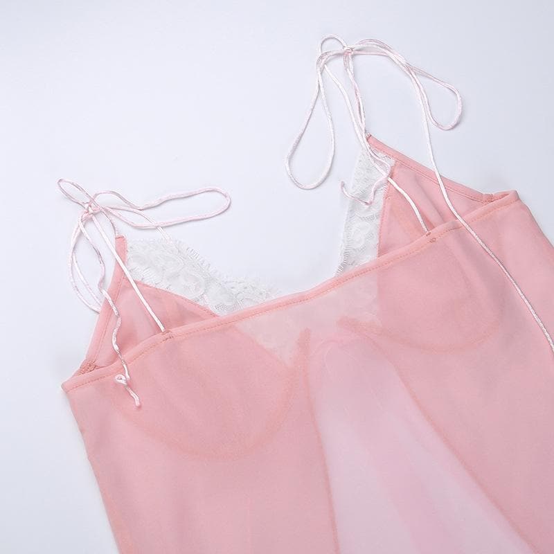 Lace hem backless chiffon self tie contrast crop top