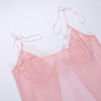 Lace hem backless chiffon self tie contrast crop top