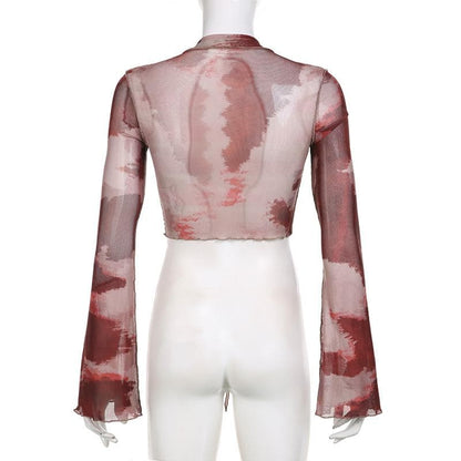 Top corto in rete trasparente con volant tie-dye a maniche lunghe e annodabile