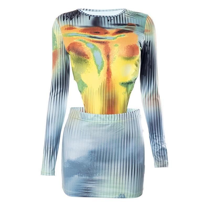 Striped long sleeve crewneck contrast bodysuit mini skirt set