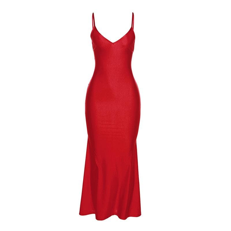 Tief ausgeschnittenes, gerüschtes, einfarbiges, rückenfreies Camisole-Maxikleid mit V-Ausschnitt 