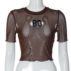 Short sleeve sheer mesh see through ruffle embroidery crop top