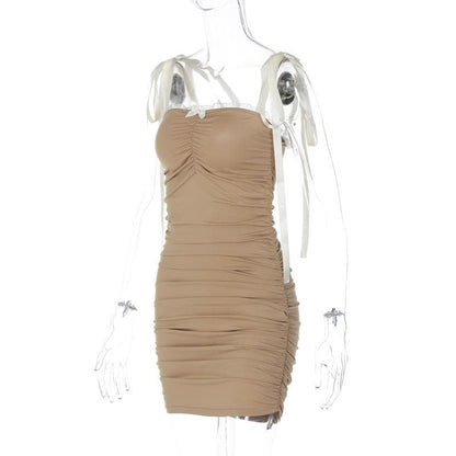Ruched lace hem self tie square neck backless mini dress