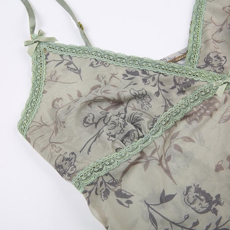 Top corto con scollo a V e orlo in pizzo con stampa floreale in rete trasparente 