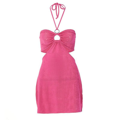 Ausgehöhltes, solides, rückenfreies Neckholder-Minikleid zum Selbstbinden mit O-Ring
