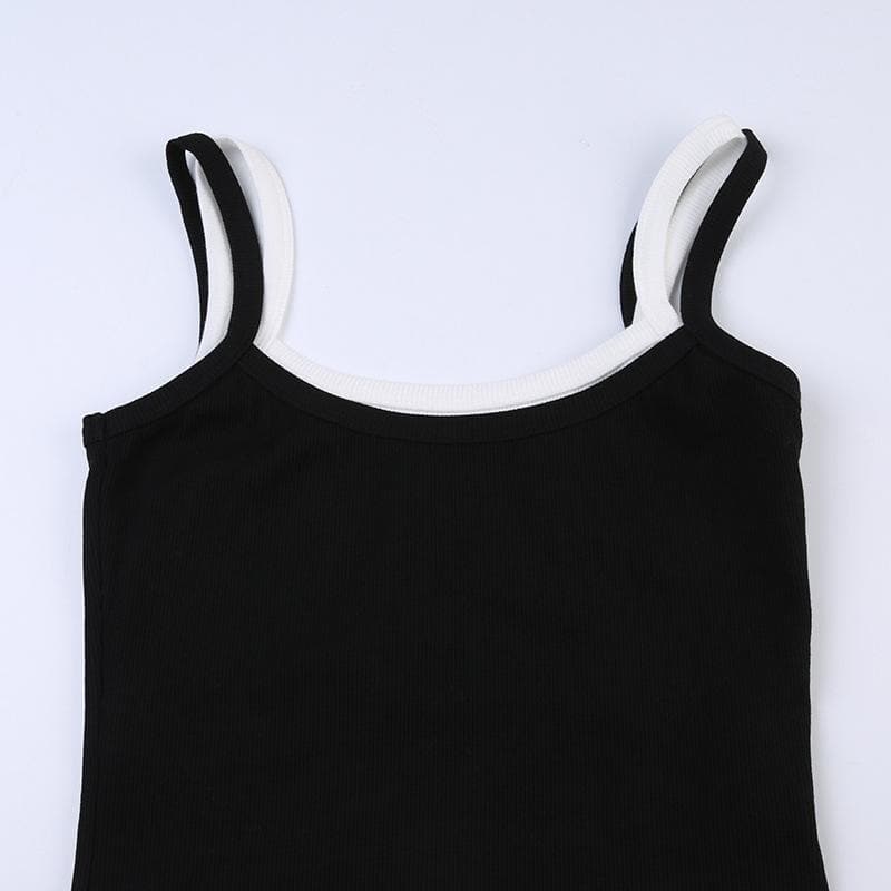 Top corto senza maniche con scollo quadrato e patchwork a contrasto 