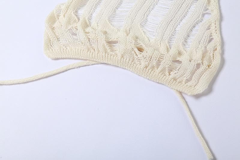 Crochet solid halter self tie see through slit midi skirt set