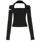 Top con scollo all'americana, maniche lunghe e spalle scoperte
