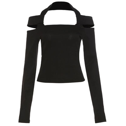 Top con scollo all'americana, maniche lunghe e spalle scoperte