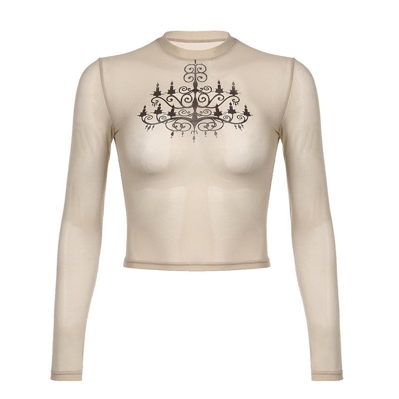 Top a maniche lunghe con contrasto astratto in rete trasparente 