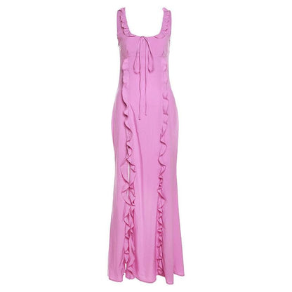 Sleeveless ruffle u neck solid slit lace up maxi dress