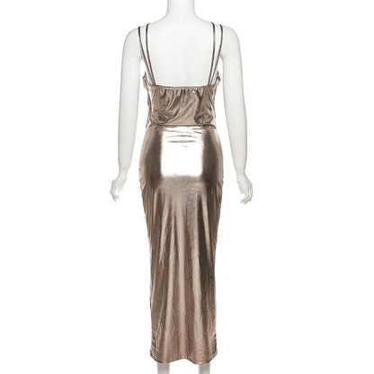 Metallic-Midikleid mit gerüschtem Rücken und Patchwork-Muster 