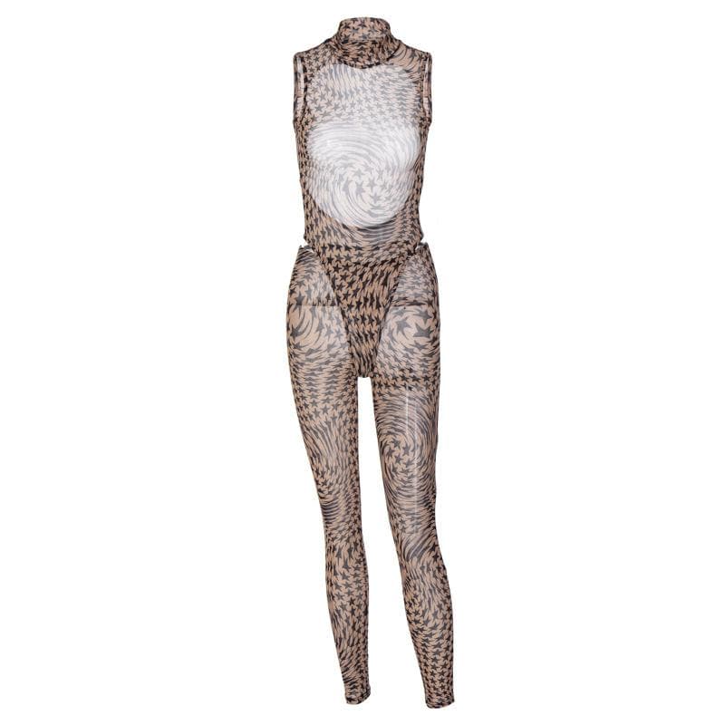 Durchsichtiges Bodysuit-Hosenset aus transparentem Netzstoff mit hohem Halsausschnitt und ärmellosem Sternmuster 