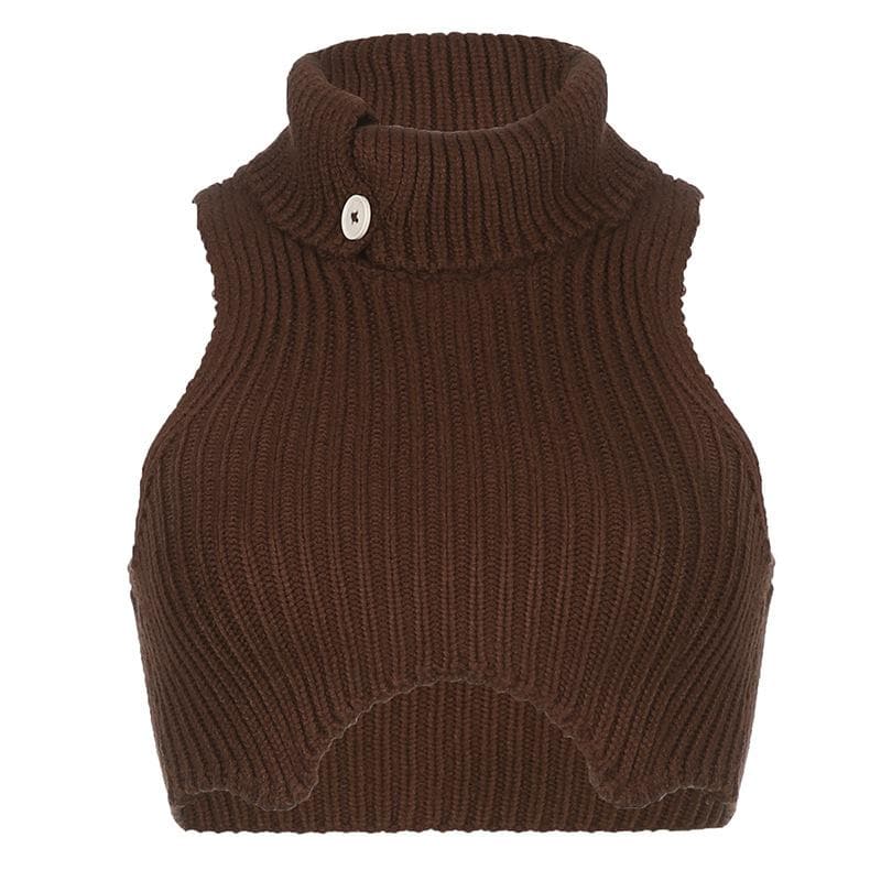 Knitted button turnover collar sleeveless gloves crop top - Final Sale