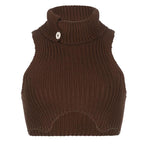 Knitted button turnover collar sleeveless gloves crop top - Final Sale
