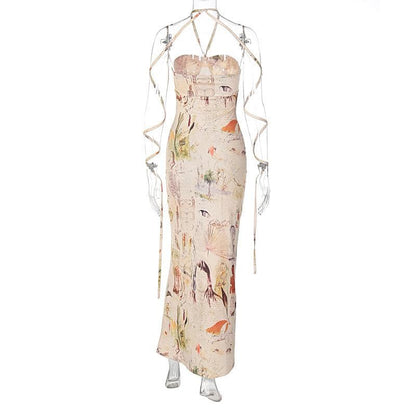 Gerafftes Maxi-Wickelkleid mit Neckholder-Print 