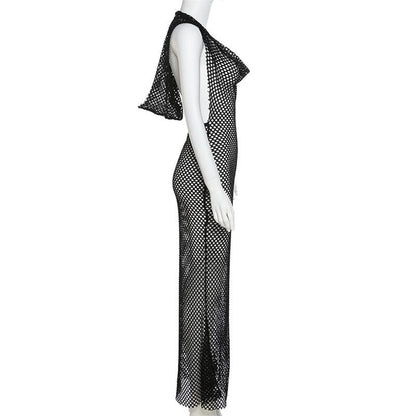Ärmelloses, durchsichtiges Maxikleid mit Kapuze und Wasserfallausschnitt im Fischnetz-Look