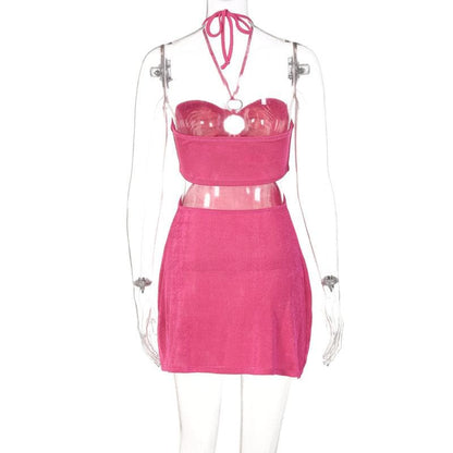 Ausgehöhltes, solides, rückenfreies Neckholder-Minikleid zum Selbstbinden mit O-Ring