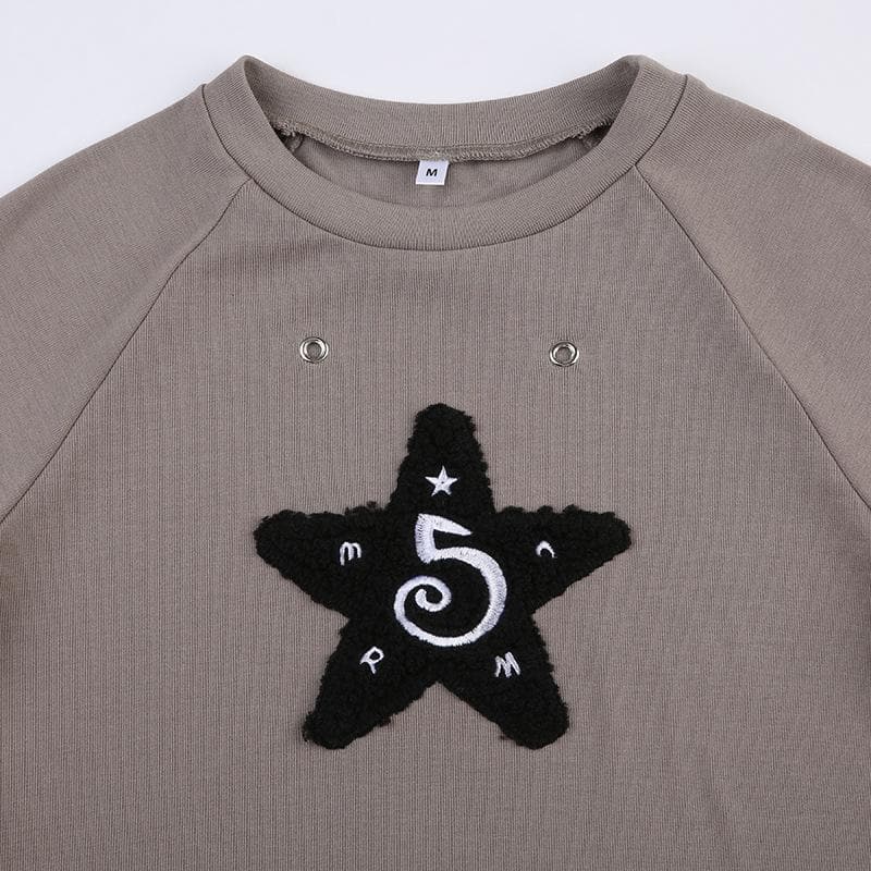 Star embroidery contrast short sleeve crewneck top