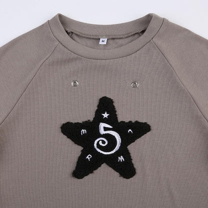 Star embroidery contrast short sleeve crewneck top