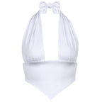 Halter backless solid ruched self tie top