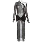 Mesh see through irregular long sleeve hollow out backless solid maxi dress