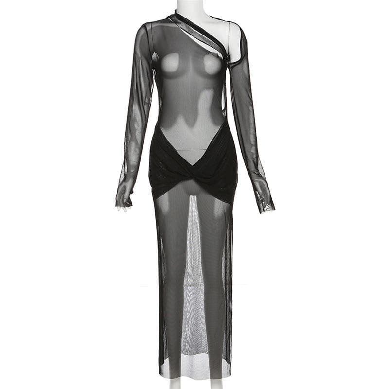 Mesh see through irregular long sleeve hollow out backless solid maxi dress