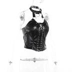 Lace up halter o ring backless PU leather crop top