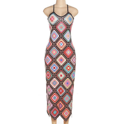 Kariertes, kontrastierendes, überkreuztes Maxikleid mit V-Ausschnitt und Selbstbindung auf der Rückseite