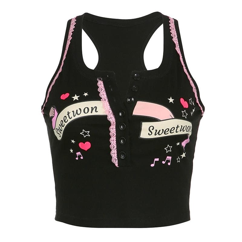 Button "sweetwon" pattern sleeveless lace hem contrast crop top
