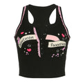 Button "sweetwon" pattern sleeveless lace hem contrast crop top
