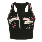 Button "sweetwon" pattern sleeveless lace hem contrast crop top
