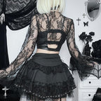 Flared sleeve ruched lace solid shrug top