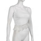 Irregular backless tassels self tie solid cami crop top