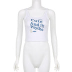 Sleeveless "Cute And Psycho" pattern u neck backless contrast crop top