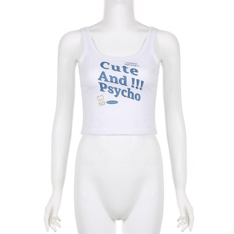 Sleeveless "Cute And Psycho" pattern u neck backless contrast crop top