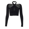 Long sleeve solid halter cross front hollow out crop top - Final Sale