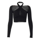 Long sleeve solid halter cross front hollow out crop top - Final Sale