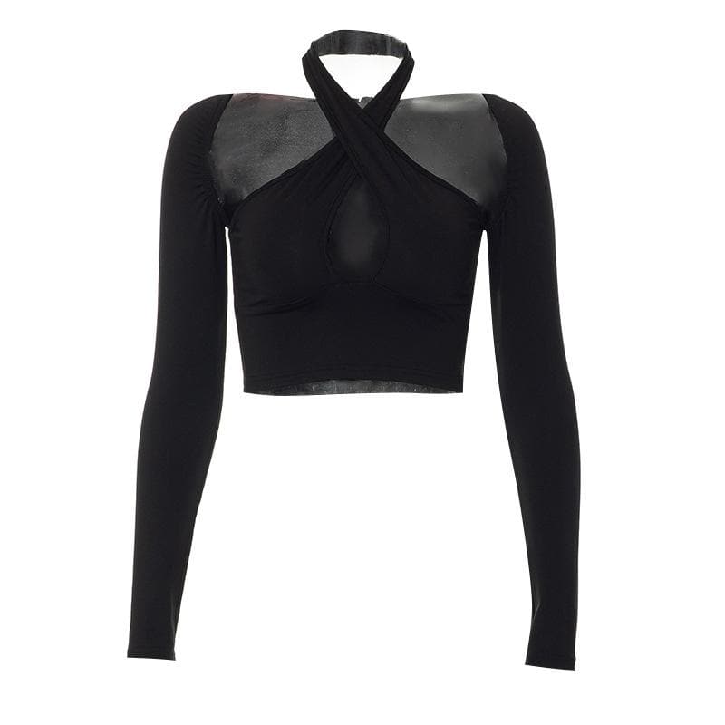 Long sleeve solid halter cross front hollow out crop top - Final Sale