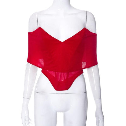 Mesh solid v neck off shoulder backless corset top
