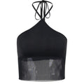 Solid halter mesh patchwork self tie backless crop top