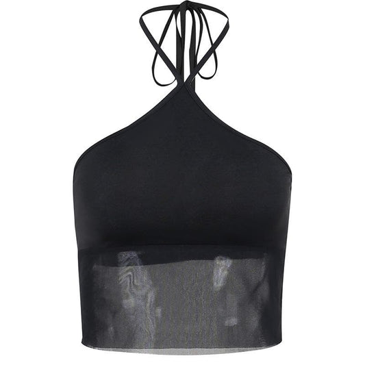 Solides Neckholder-Crop-Top aus Netzstoff mit Patchwork-Muster zum Selbstbinden 