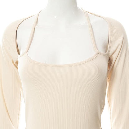Halter solid ribbed long sleeve low cut bodysuit