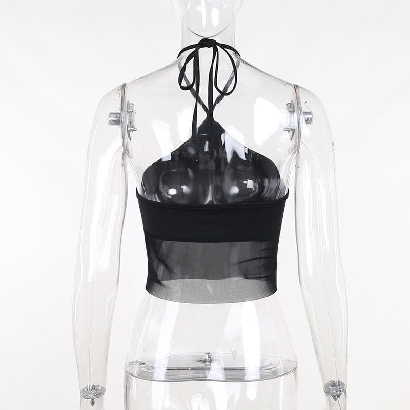 Solid halter mesh patchwork self tie backless crop top