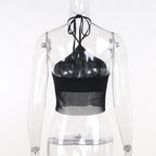 Solid halter mesh patchwork self tie backless crop top