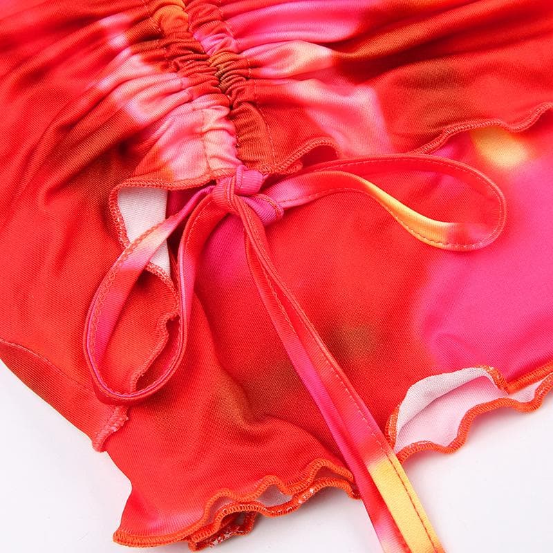 Minigonna tie-dye con coulisse, annodata, arricciata, con lacci autobloccanti 