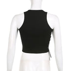 Star pattern contrast lace up sleeveless crewneck crop top